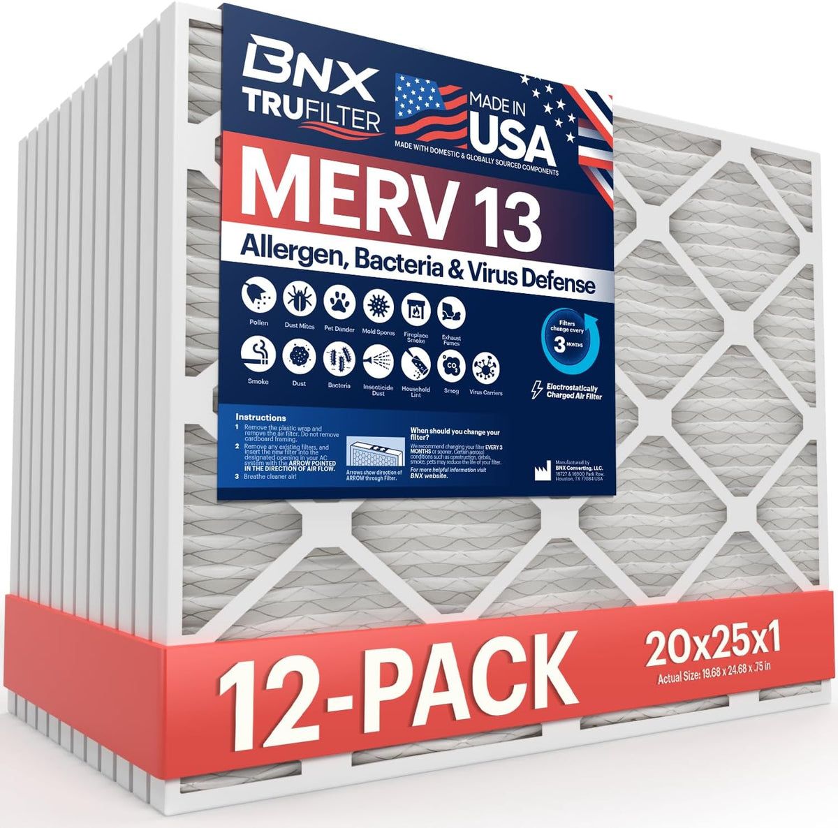 BNX TruFilter 20x25x1 MERV 13 AC Furnace Air Filter (12-Pack)