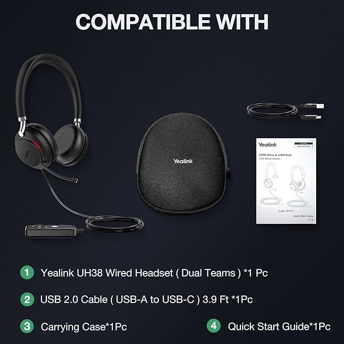 Yealink UH38 Bluetooth USB Wired Headset, Work Headset