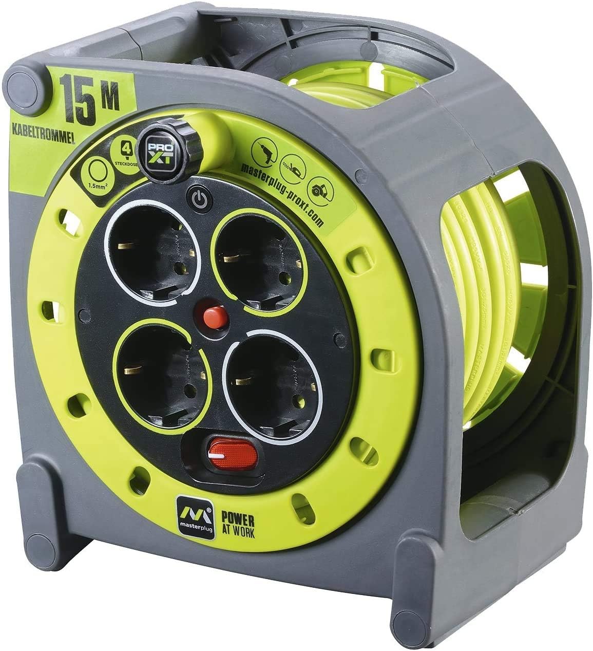 Masterplug Pro-XT Cable Reel 15 m, Extension 4 Schuko Eschufes, Electric Extension 3000 W Grey/Green