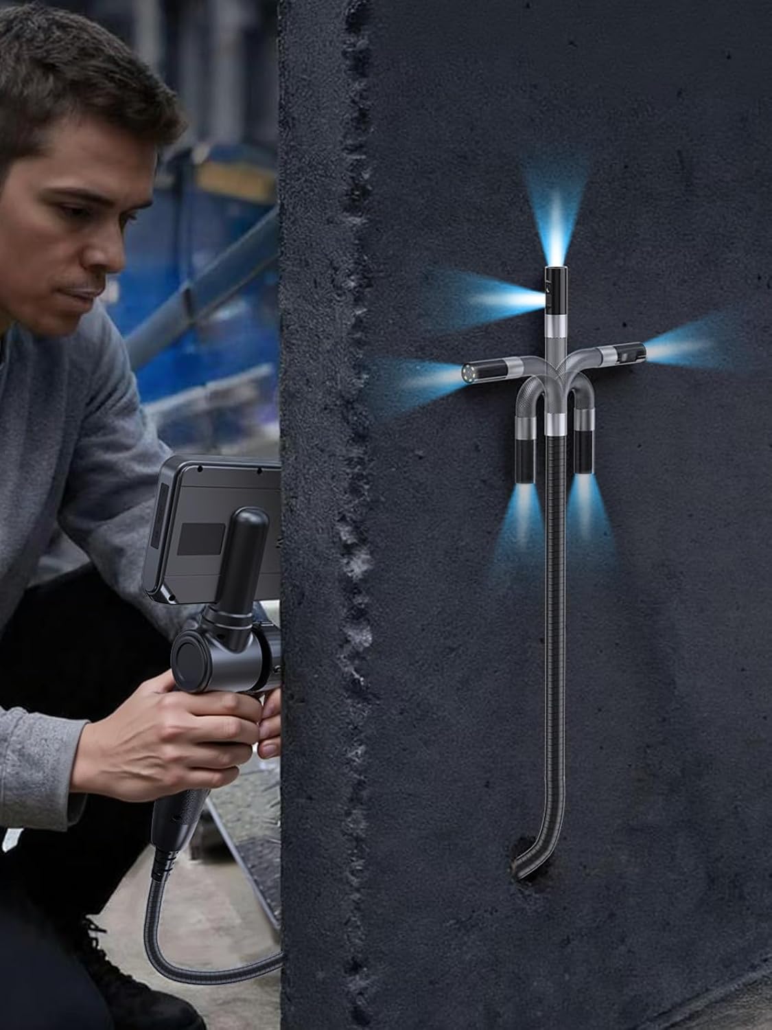 acoath two-way articulating borescope, endoscope camera with light, front angle view