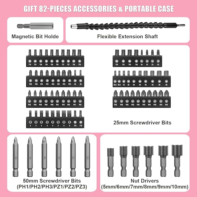 Enertwist Electric Screwdriver, 8V Max 10Nm Pink Cordless Screwdriver