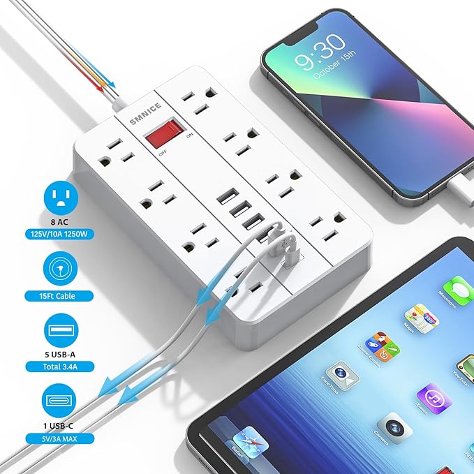 Flat Plug Extension Cord 15 Ft, SMNICE Surge Protector Power Strip