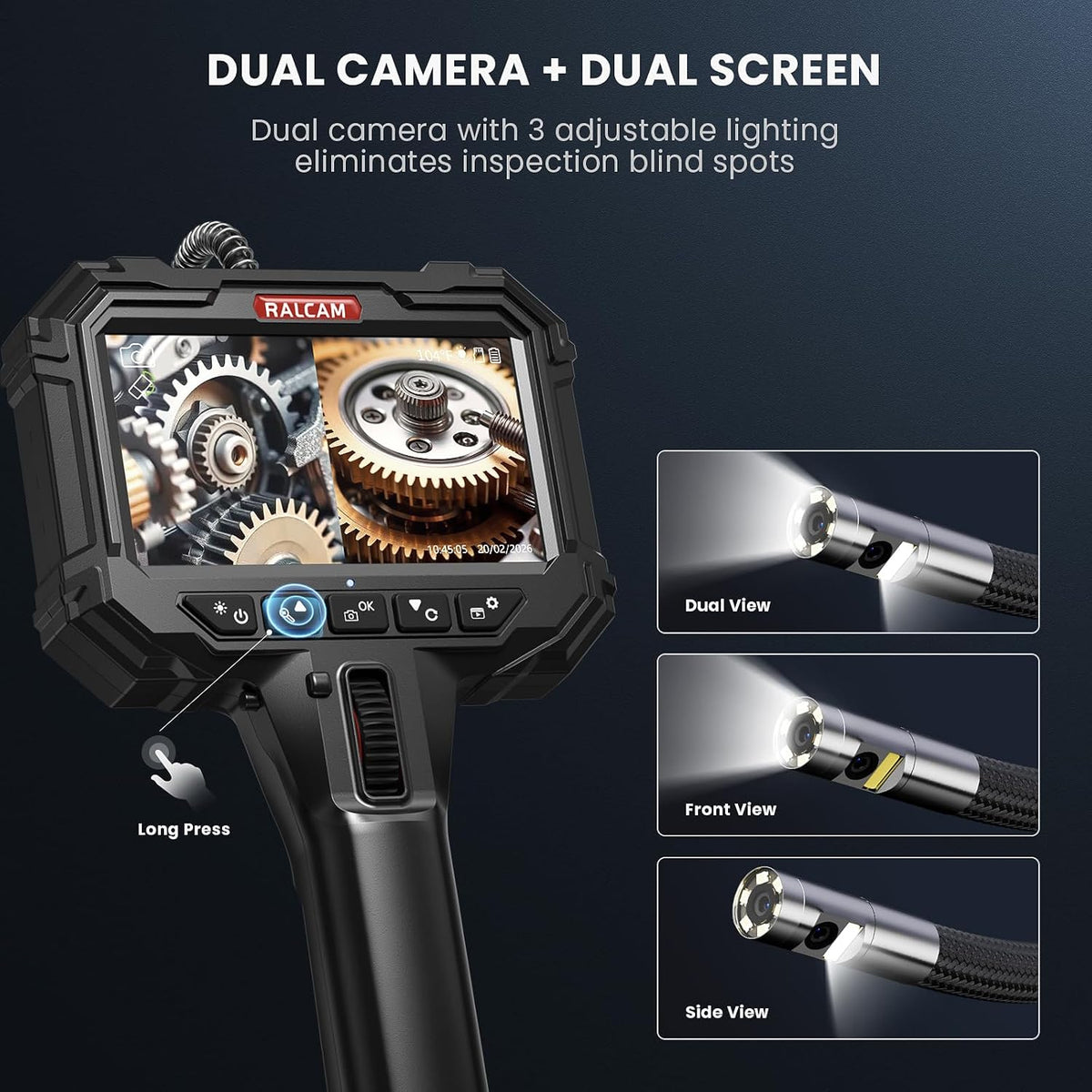 ralcam two-way articulating borescope dual lens slim probe, close-up detail