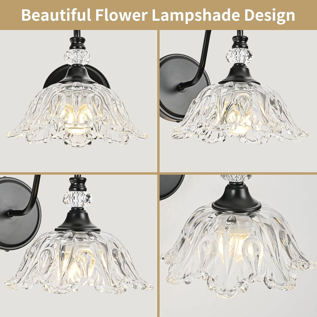 1 Piece Black Wall Sconce with Floral Clear Glass Shade, Black Farmhouse Wall Mount Lighting for Bathroom,Vintage Bathroom Vanity Light Fixture