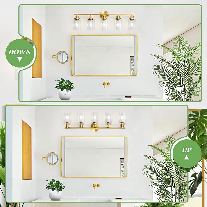Guliaofo 5-Light Bathroom Vanity Lights, E26 Modern Brushed Gold Bathroom Light