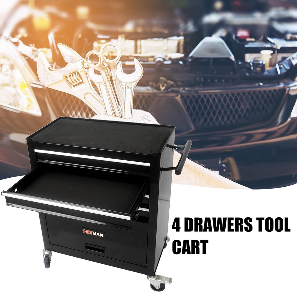 lockable 4-drawer rolling tool chest, black, package contents