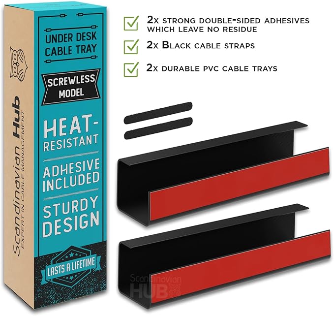 No-Screw Under Desk Cable Management Tray (2-Pack)