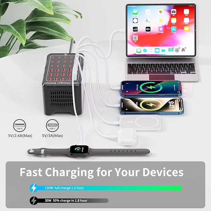 150W USB Charging Station, 30-Port USB C Charger Block, Smartphones
