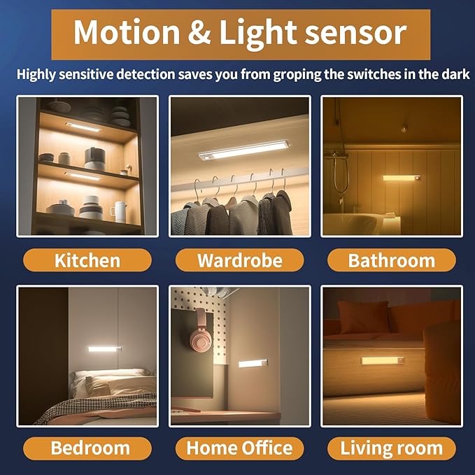 Under Cabinet Lights, 88 LED Operated Motion Sensor Light Indoor, 2200mAh USB (6-Pack)