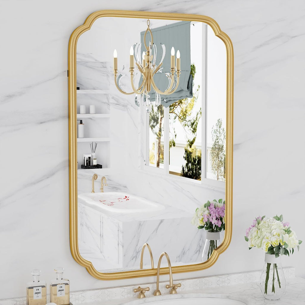 Gold Bathroom Mirror for Wall 20" x 30" Modern Rounded Corner Rectangle Mirror