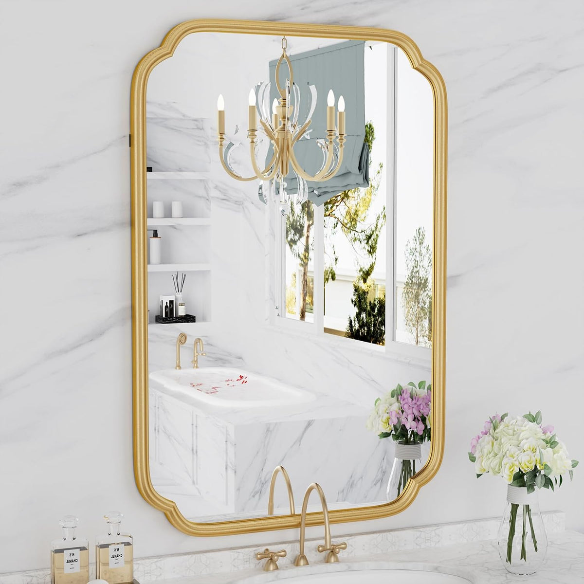 Gold Bathroom Mirror for Wall 20" x 30" Modern Rounded Corner Rectangle Mirror