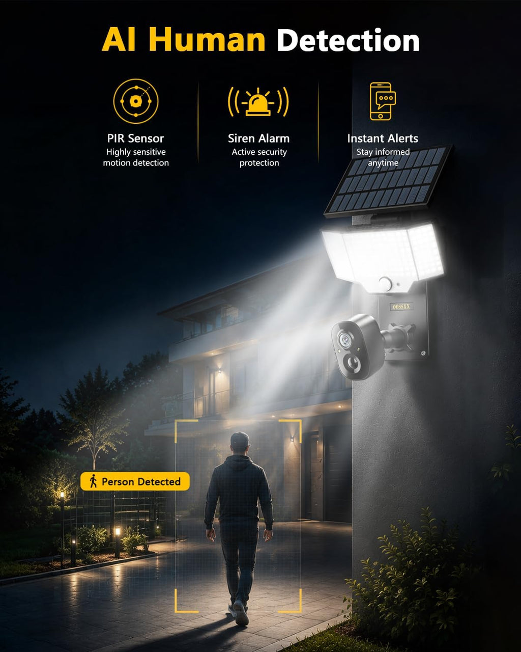 oossxx solar floodlight security camera outdoor wireless, 4mp on a desk or shelf