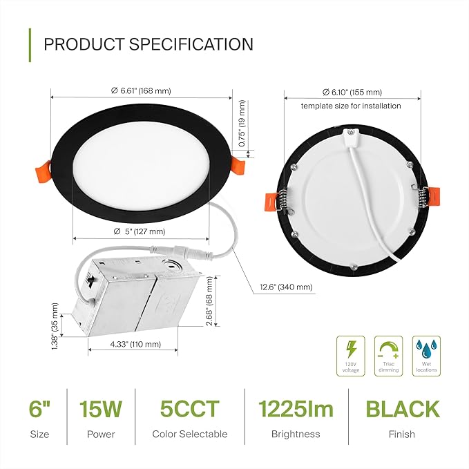 ASD 12 Pack LED Recessed Lighting 6 Inch 15W, 5 CCT 2700K-5000K CRI90+