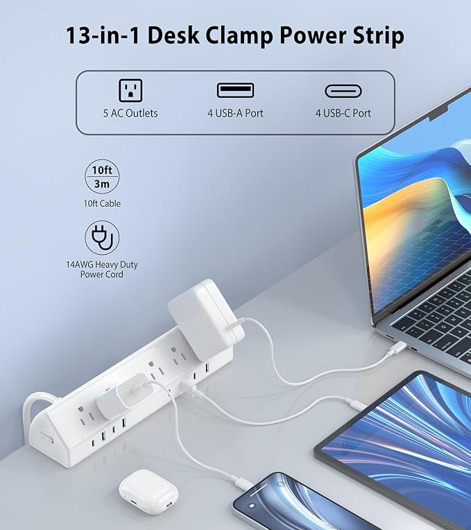 45W Fast Charging Station, Desk Clamp Power Strip, 4 PD USB-C Ports, 5 AC