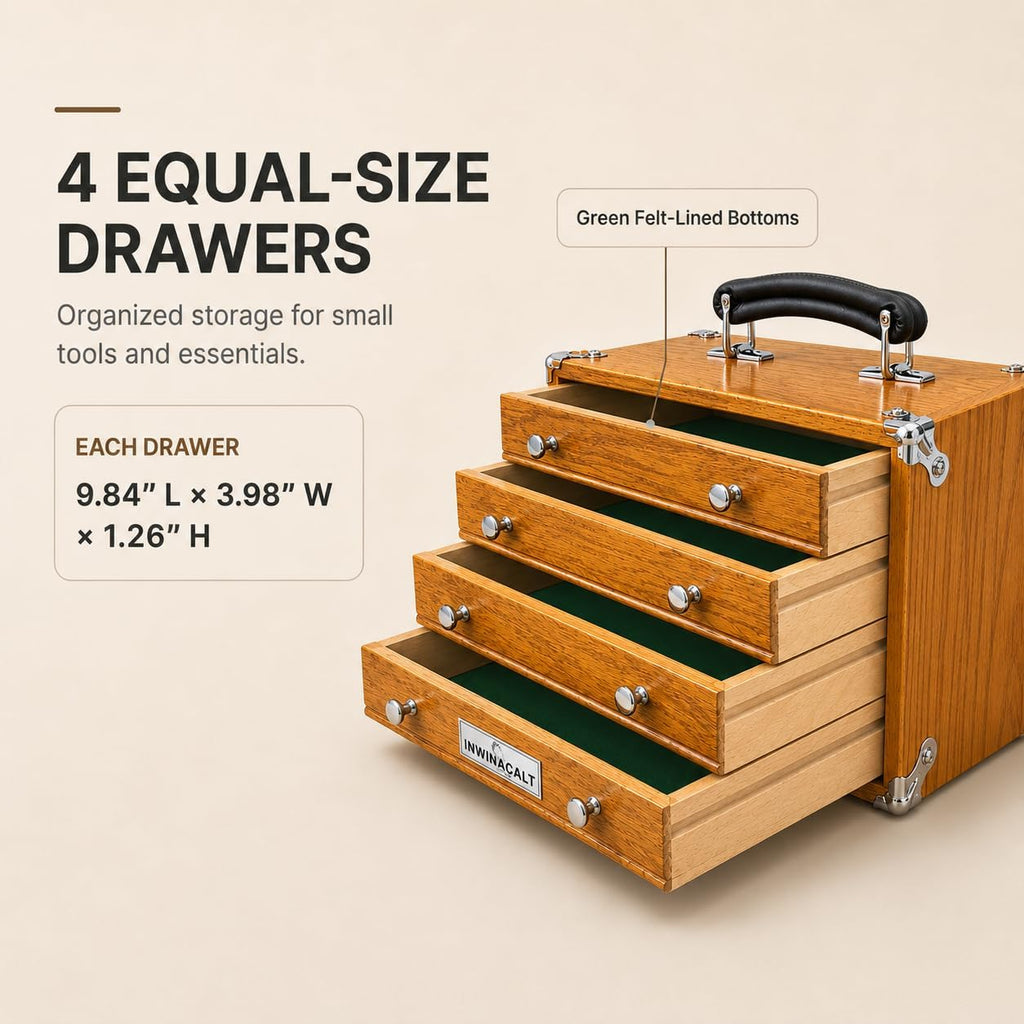 heritage 4-drawer desktop tool box, lock & felt, close-up detail