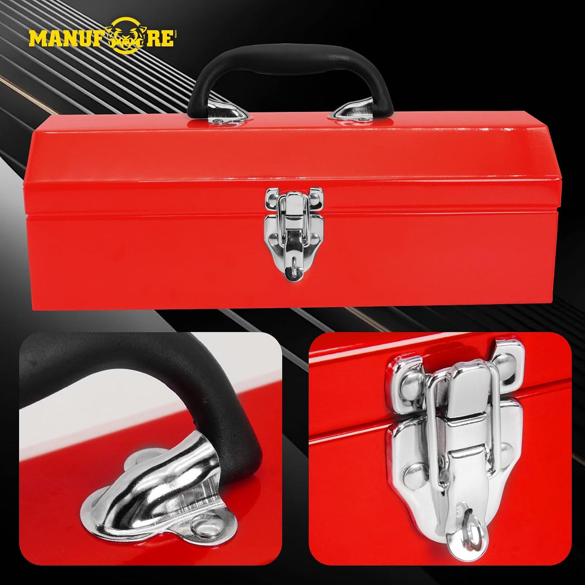 manufore 16" metal tool box with carry handle, close-up detail
