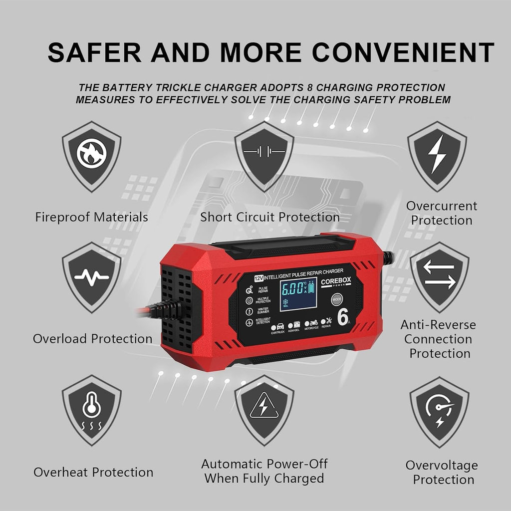 corebox battery charger 6-amp 12v automatic smart battery shown in use