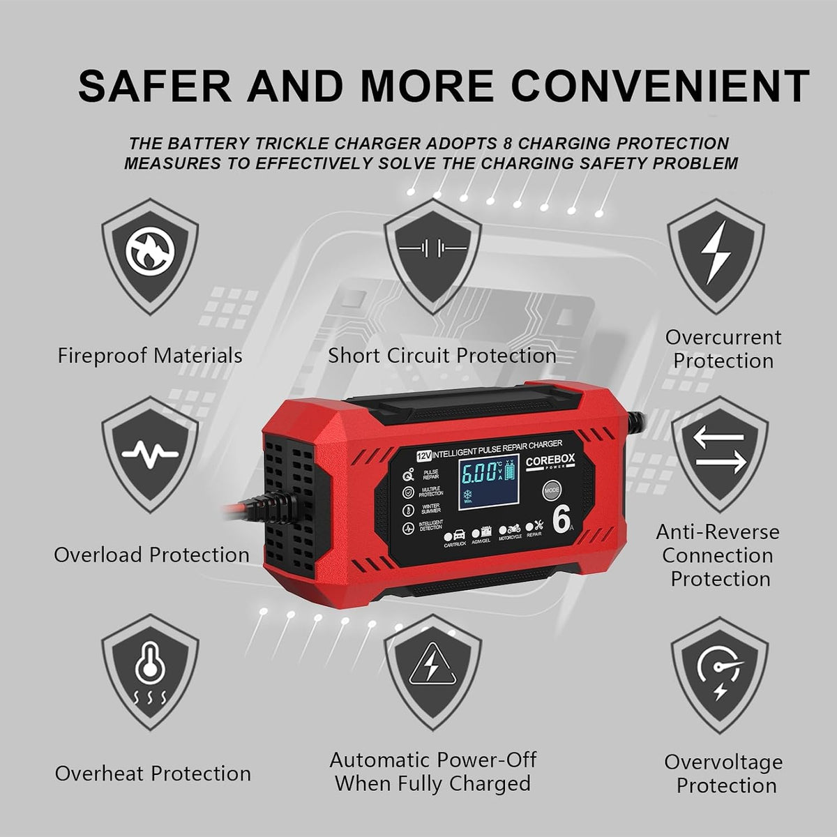 corebox battery charger 6-amp 12v automatic smart battery shown in use