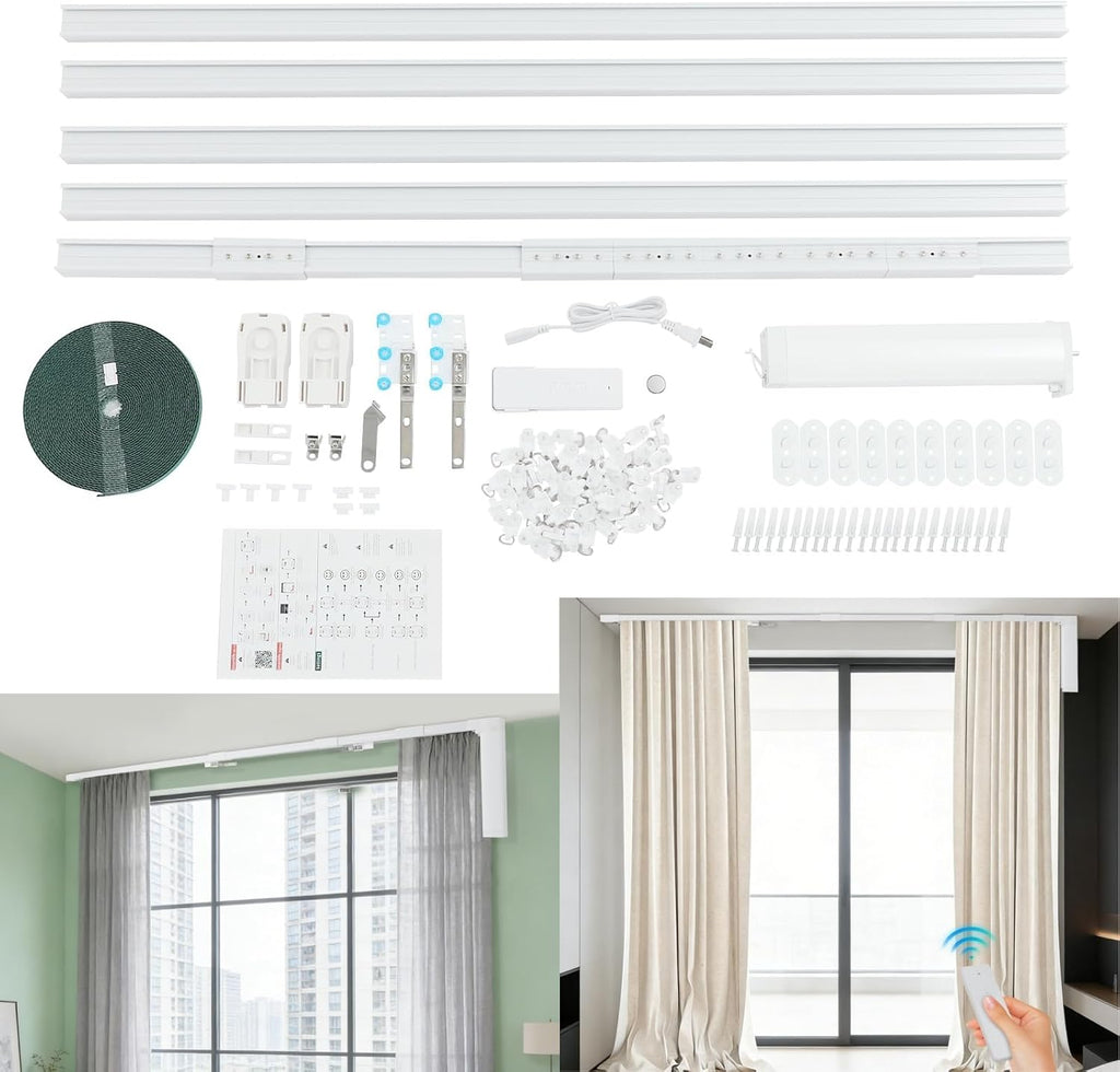 lemoeyes electric curtain track, retractable motorized curtains rod, front angle view