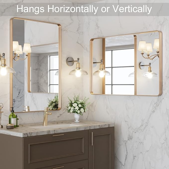 LOAAO 24”X32” Gold Bathroom Mirror, Rounded Rectangle Gold Frame Mirror