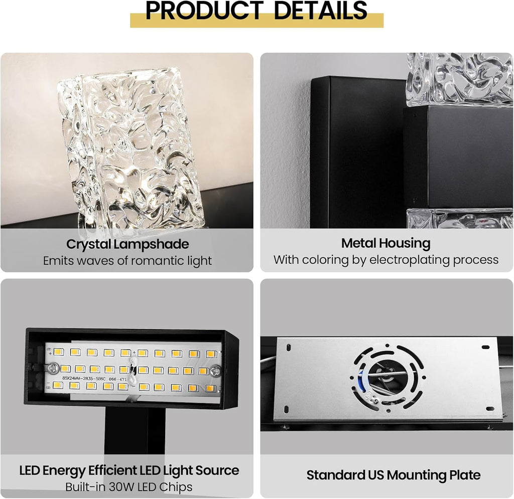 Epinl 3-Light Modern Bathroom Light Fixtures, 30W Black LED Vanity Lights Over Mirror with Water Ripple Glass Shade, Crystal Wall Sconces 4000K Dimmable Vanity Lighting for Bathroom
