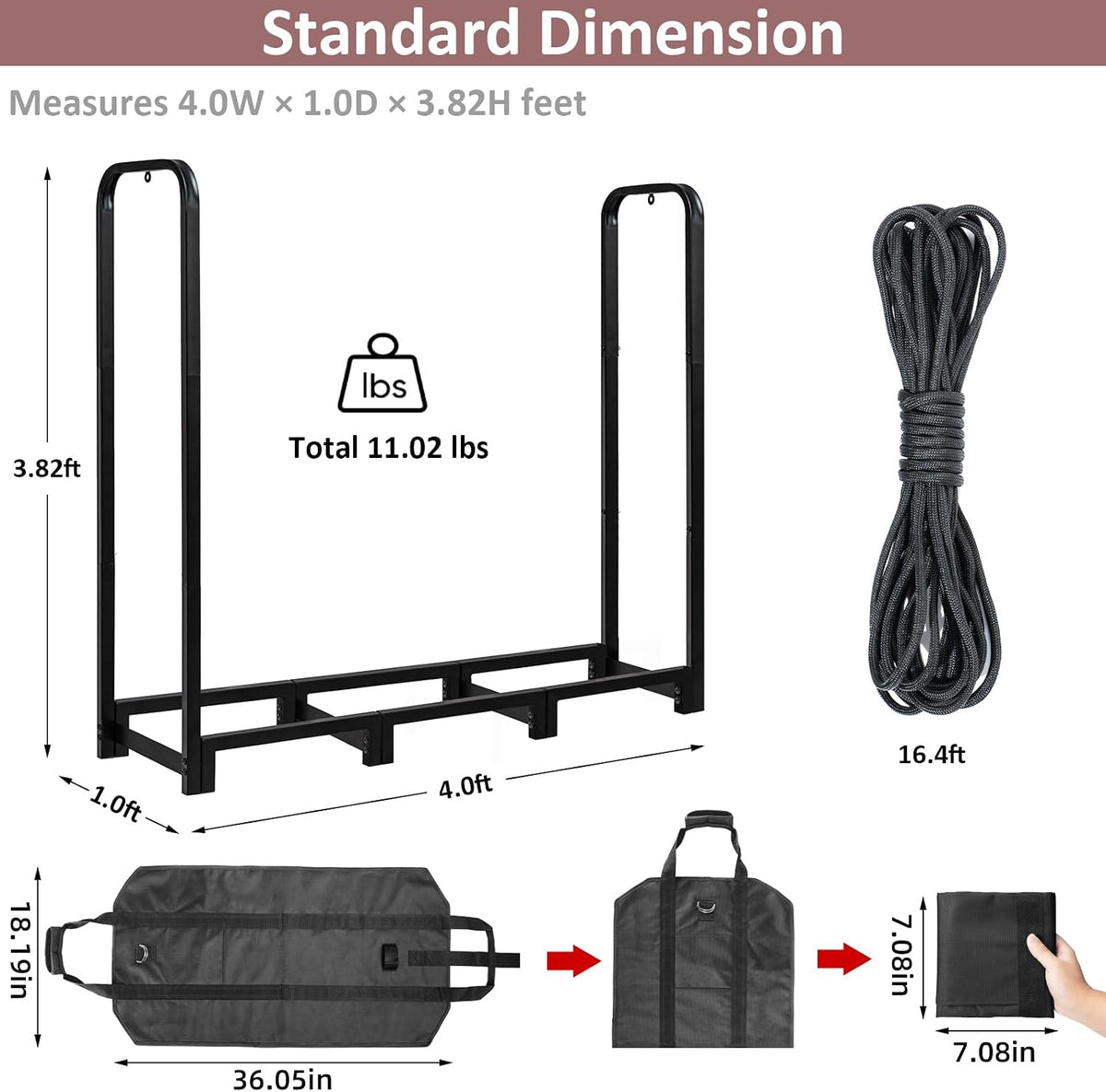 firewood rack with log carrier, 4ft outdoor wood, package contents
