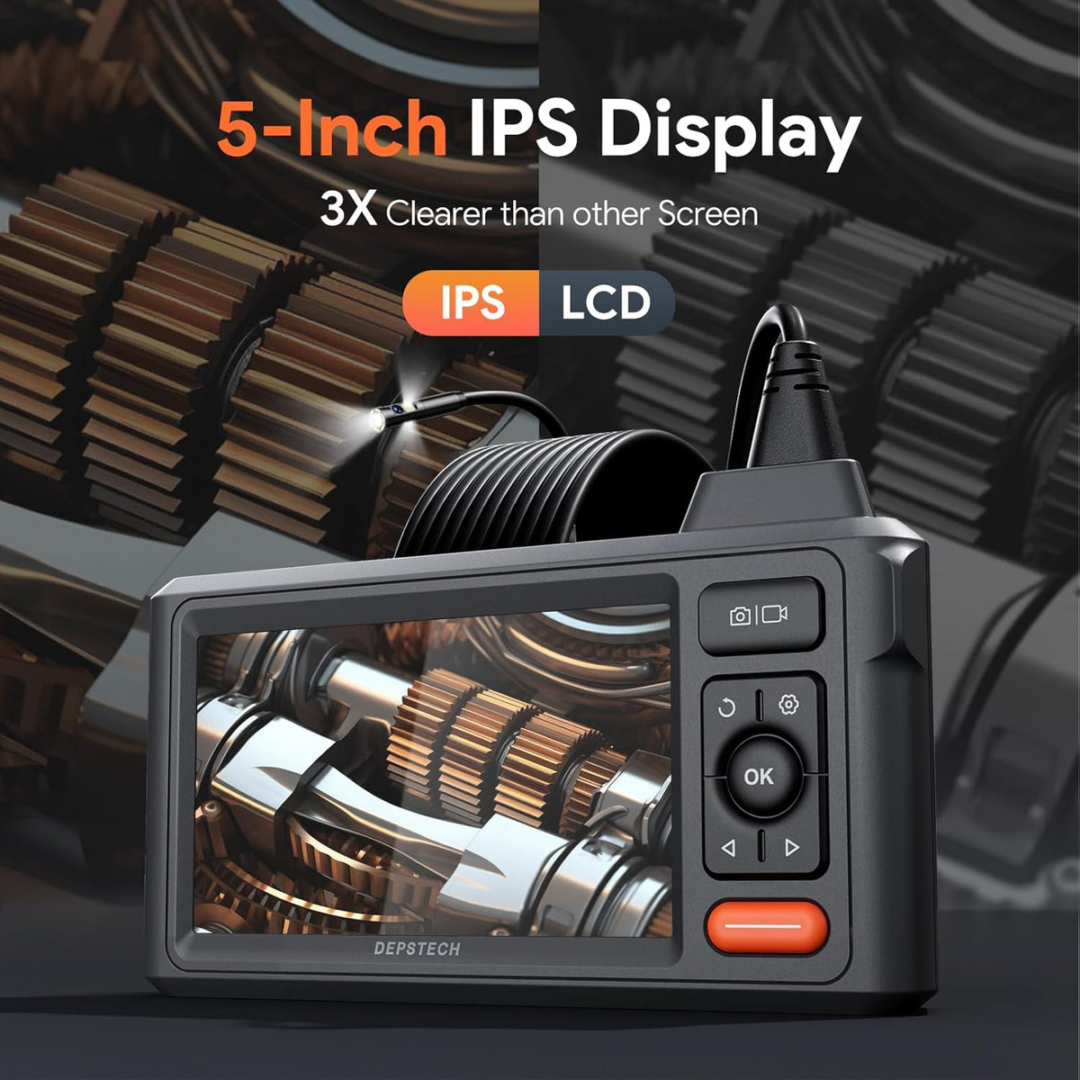 depstech 50ft endoscope camera, 5" ips screen triple, side view