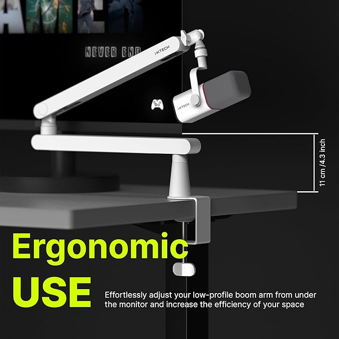 IXTECH White Microphone Boom Arm Stand Low Profile Boom Arm Adjustable Mic Stand
