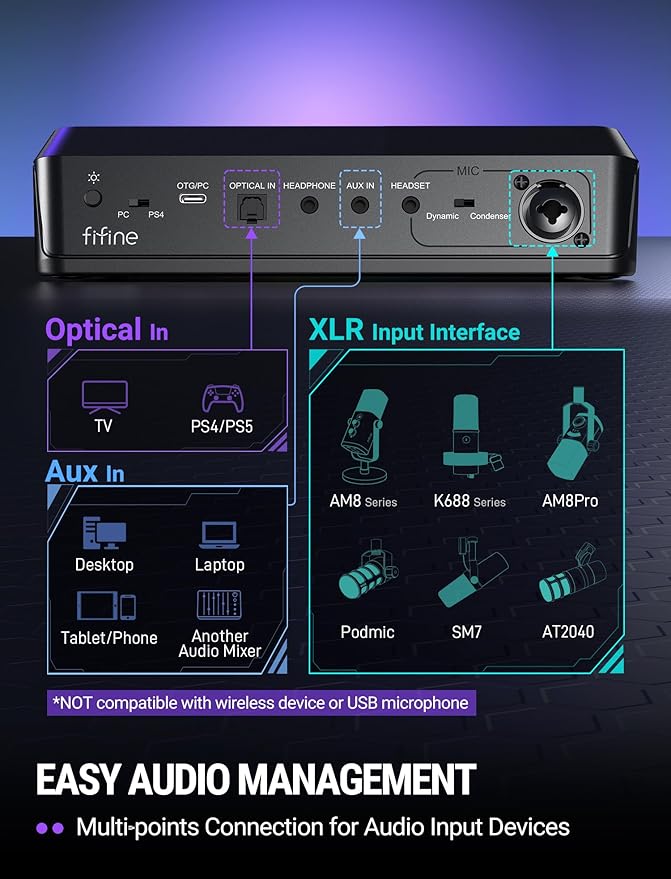Fifine Gaming Mixer for Voice Chat and Streaming- 7.1ch Surround Sound