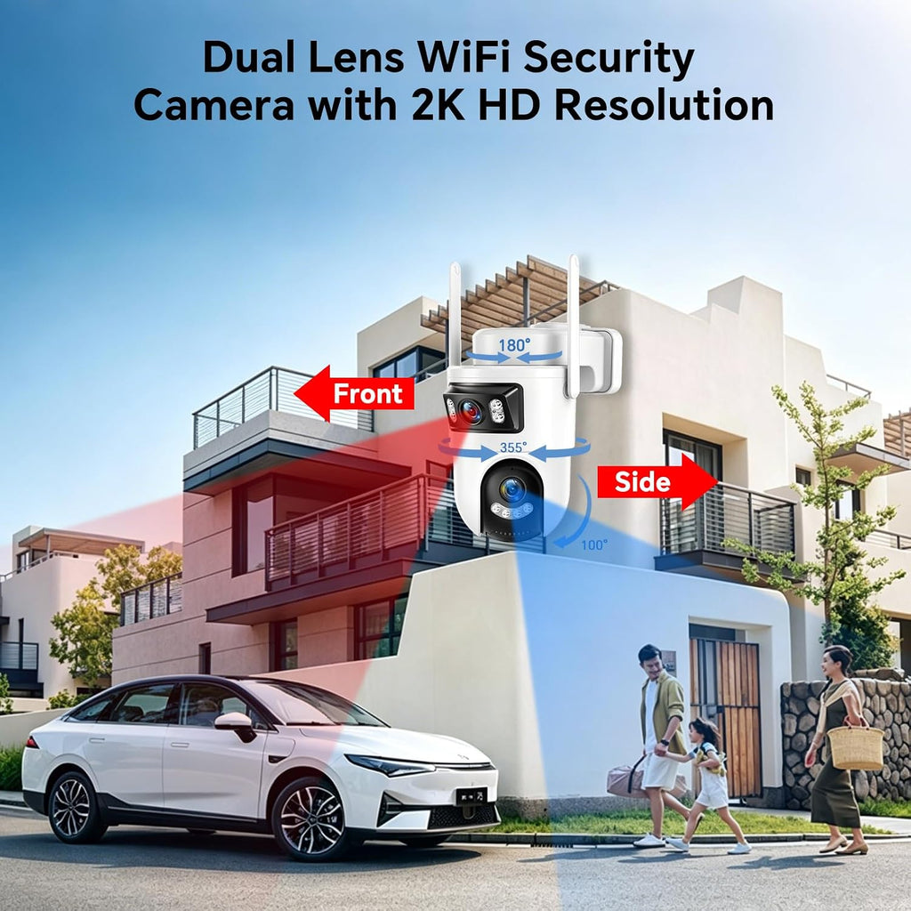 Dual Lens Security Camera Outdoor, 2.4GHz WiFi Cameras for Home Security, 360° View Pan/Tilt with Color Night Vision, 2K Full HD Video, 2-Way Audio, Works with Alexa, Motion Detection, Auto Tracking