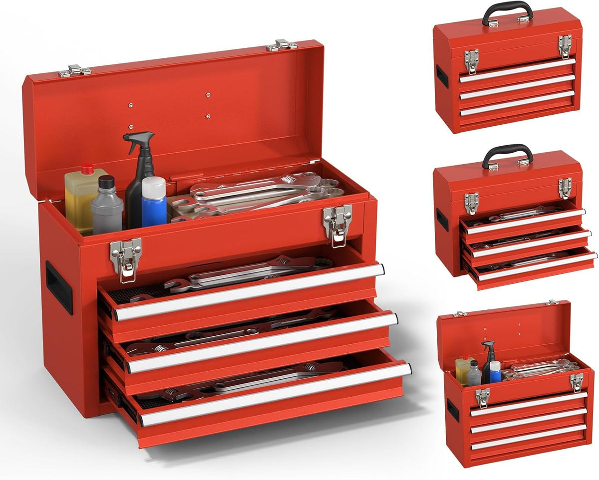 3-Drawer Small Tool Box, Tool Chest with EVC Liners and Locking Mechanism, Metal Tool Box for Workshop Garage and Room Use (Red)