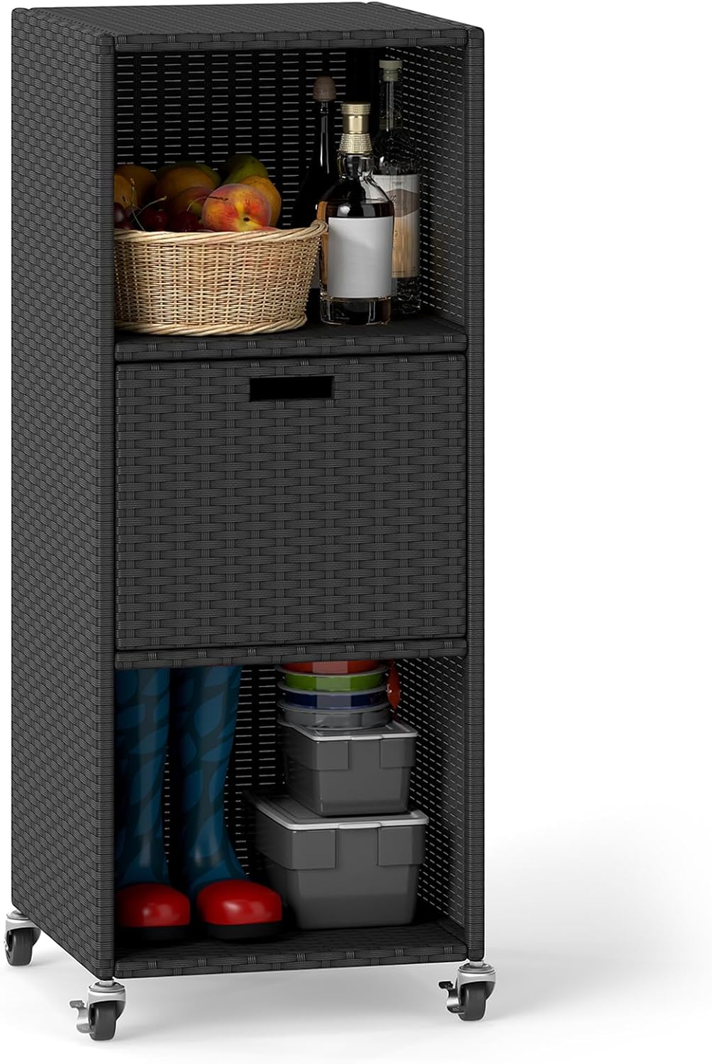 HAPPYGRILL Outdoor Storage Cabinet with Wheels, PE Rattan Wicker Storage