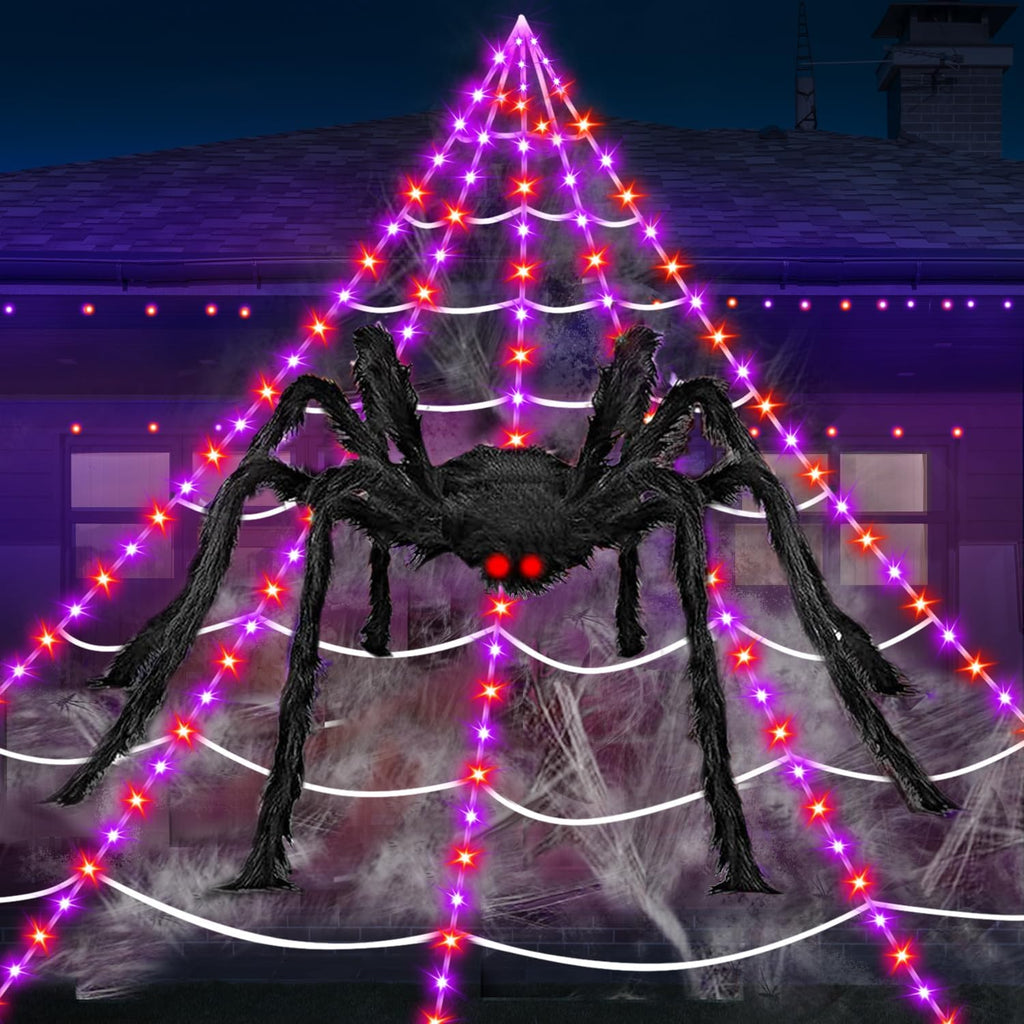 Halloween Decorations Outdoor Spider Web Lights, 23Ft 350 LED Light up Spider Web with 6.6Ft Giant Spider, 8 Modes Waterproof Timer Spiderweb Lights for Garden ＆ Haunted House Decor, Purple + Orange