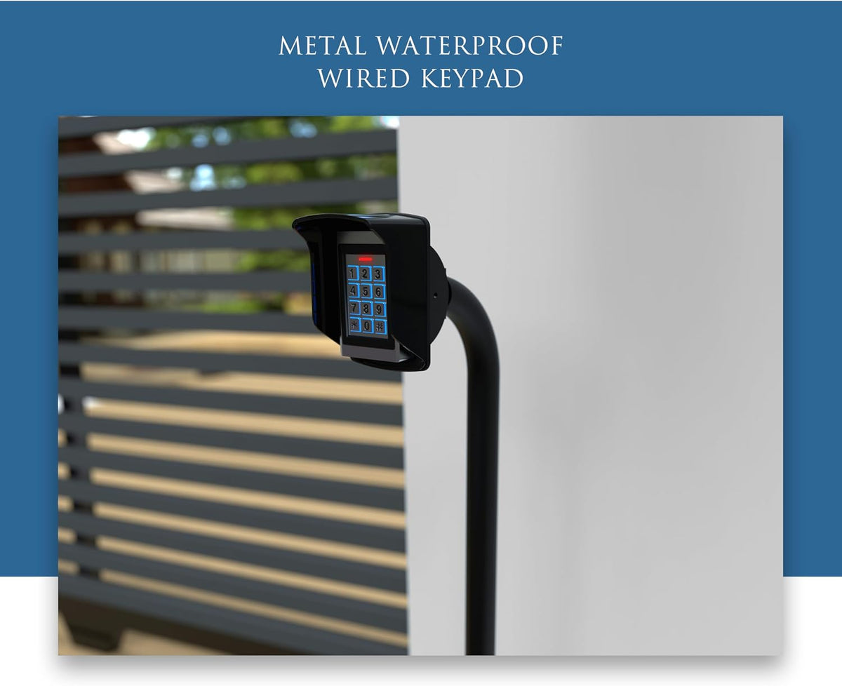 blütezeit wired gate opener keypad with 2 rfid on a desk or shelf