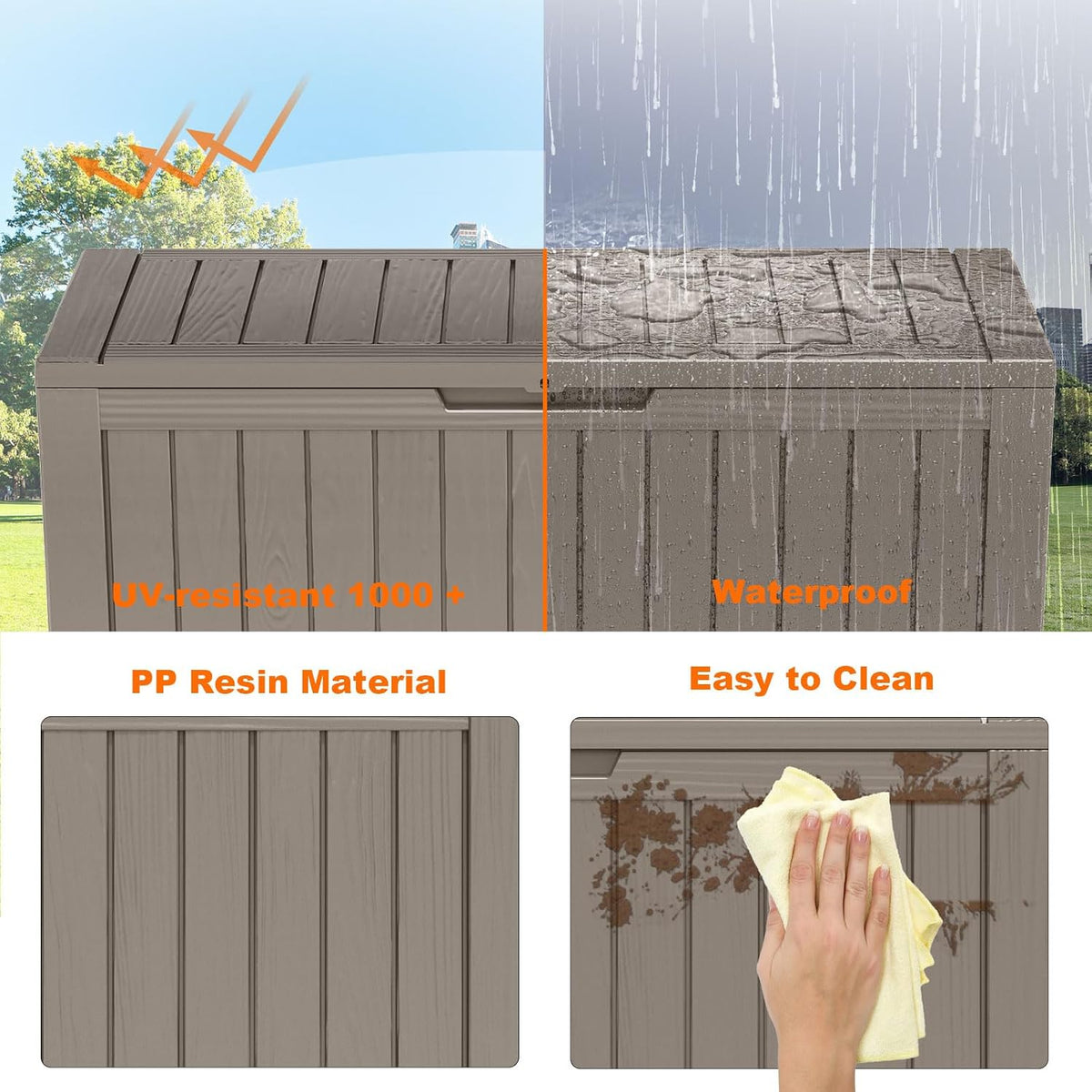 patiozen 85 gallon deck box outdoor, weatherproof resin on a desk or shelf