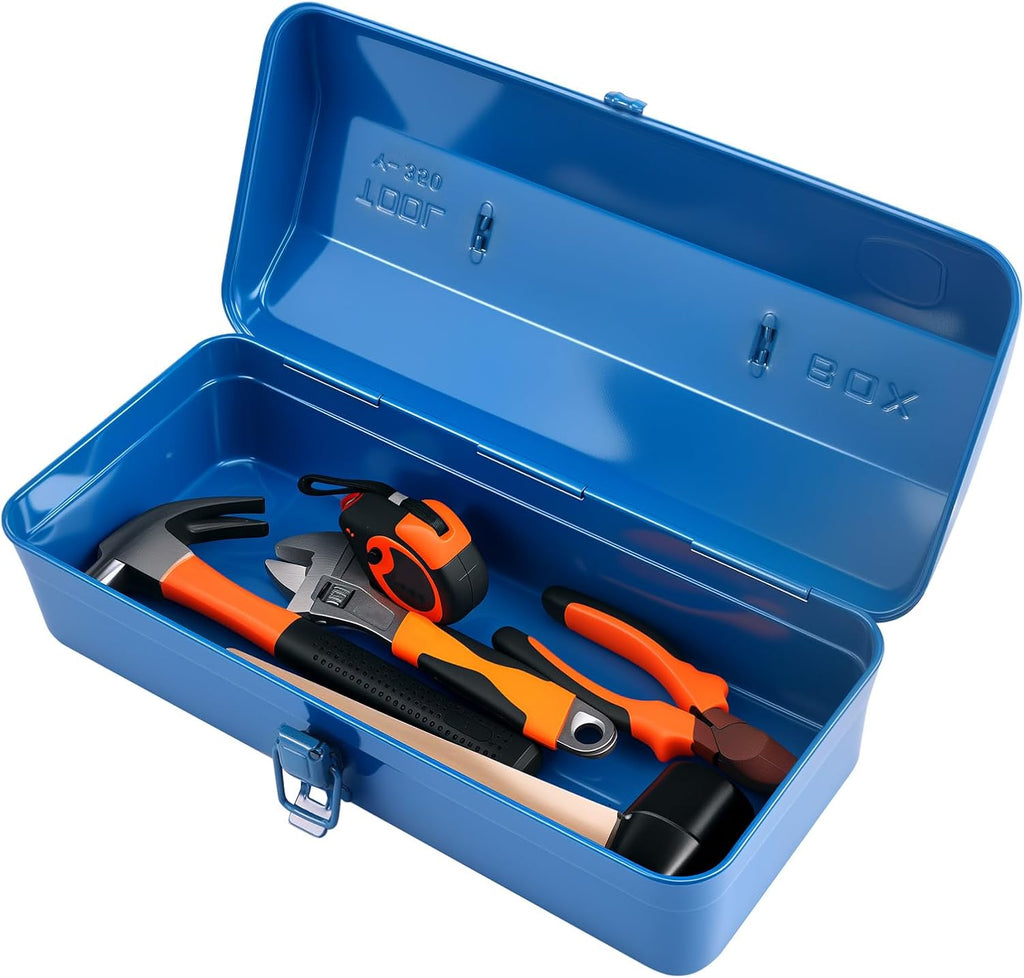 Large Metal Tool Storage Box with Handle for Workshop,15 inches Portable Tool Case with Lid，Locking Organiser Box for Hardware Part(blue)