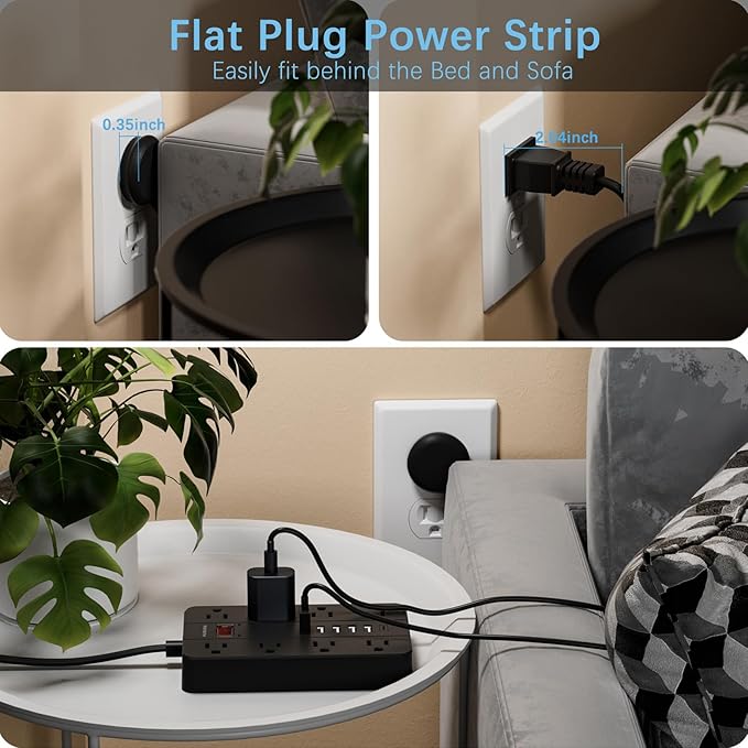 15 Ft Long Extension Cord Power Strip Surge Protector, HUNIAN Flat Plug
