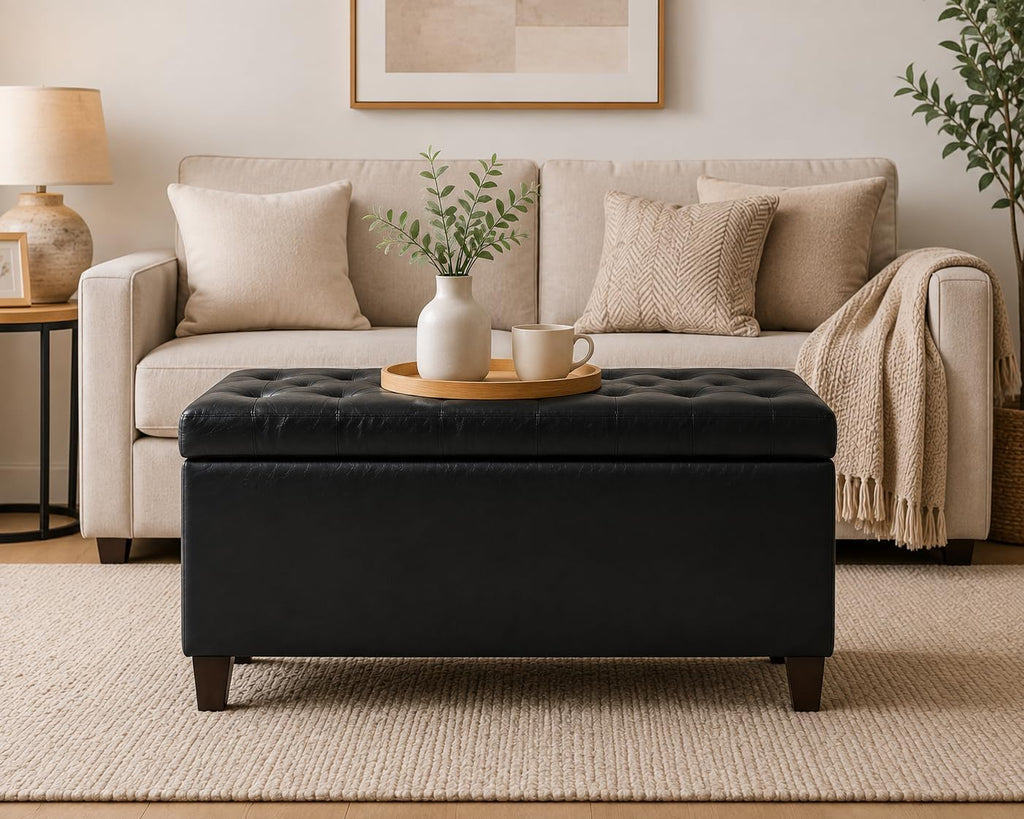 Asense Storage Ottoman Bench, 33" Faux Leather Upholstered End of Bed Bench with Safety Hinge,Wooden Legs,for Entryway Bedroom Living Room,Black