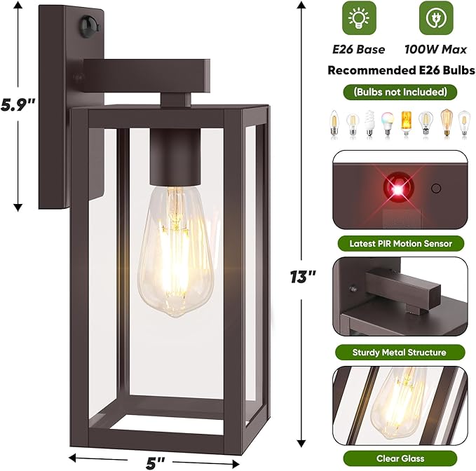 2-Pack Upgraded Motion Sensor Outdoor Wall Lights, 13” Dusk to Dawn Porch