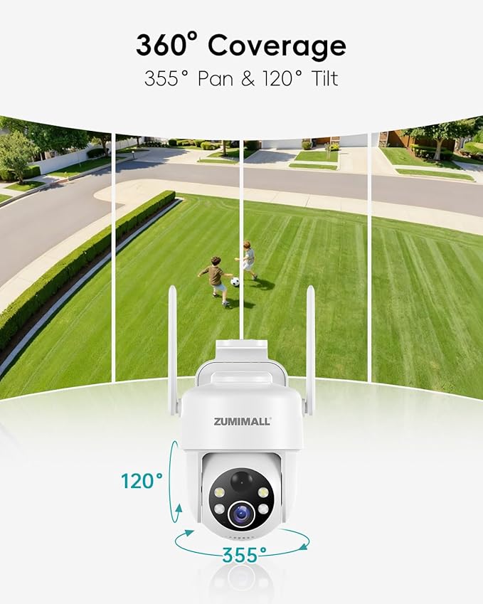 ZUMIMALL 2K Solar Security Cameras Wireless Outdoor | 360° PTZ View Control via