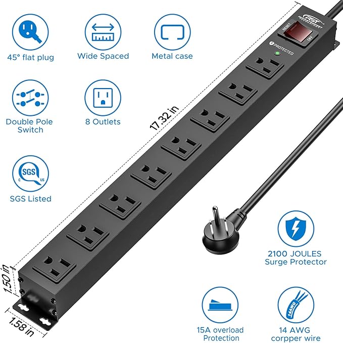 CRST 2 Pack 8 Outlet Metal Heavy Duty Power Strip