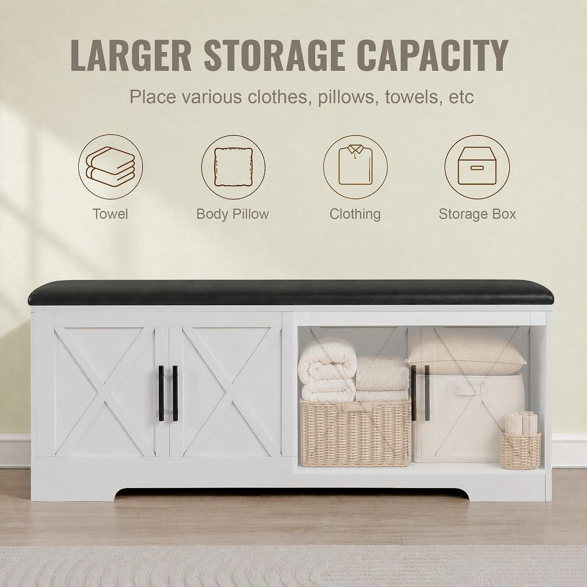 DreamDashio Storage Bench with Cushion, 47.2" End of Bed Storage Bench with Lift Top, Window Bench Seat with Storage for Bedroom, Mudroom, Entryway, Living Room & Hallway, White