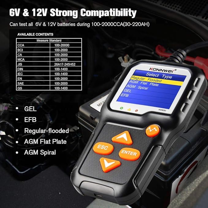 KONNWEI KW650 6V 12V Car Battery Tester, 100-2000 CCA Battery Load Tester