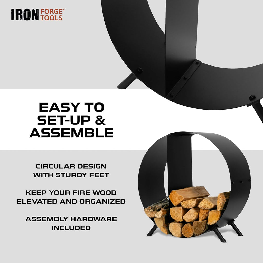 iron forge tools firewood rack, 30 inch circular showing dimensions