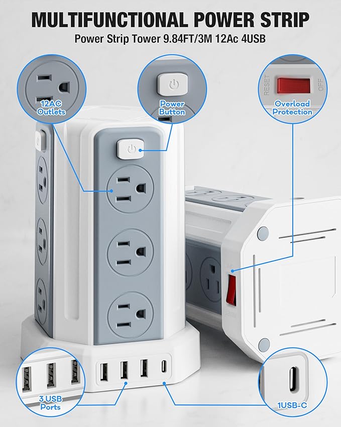 Power Strip Surge Protector, 10 Ft Extension Cord