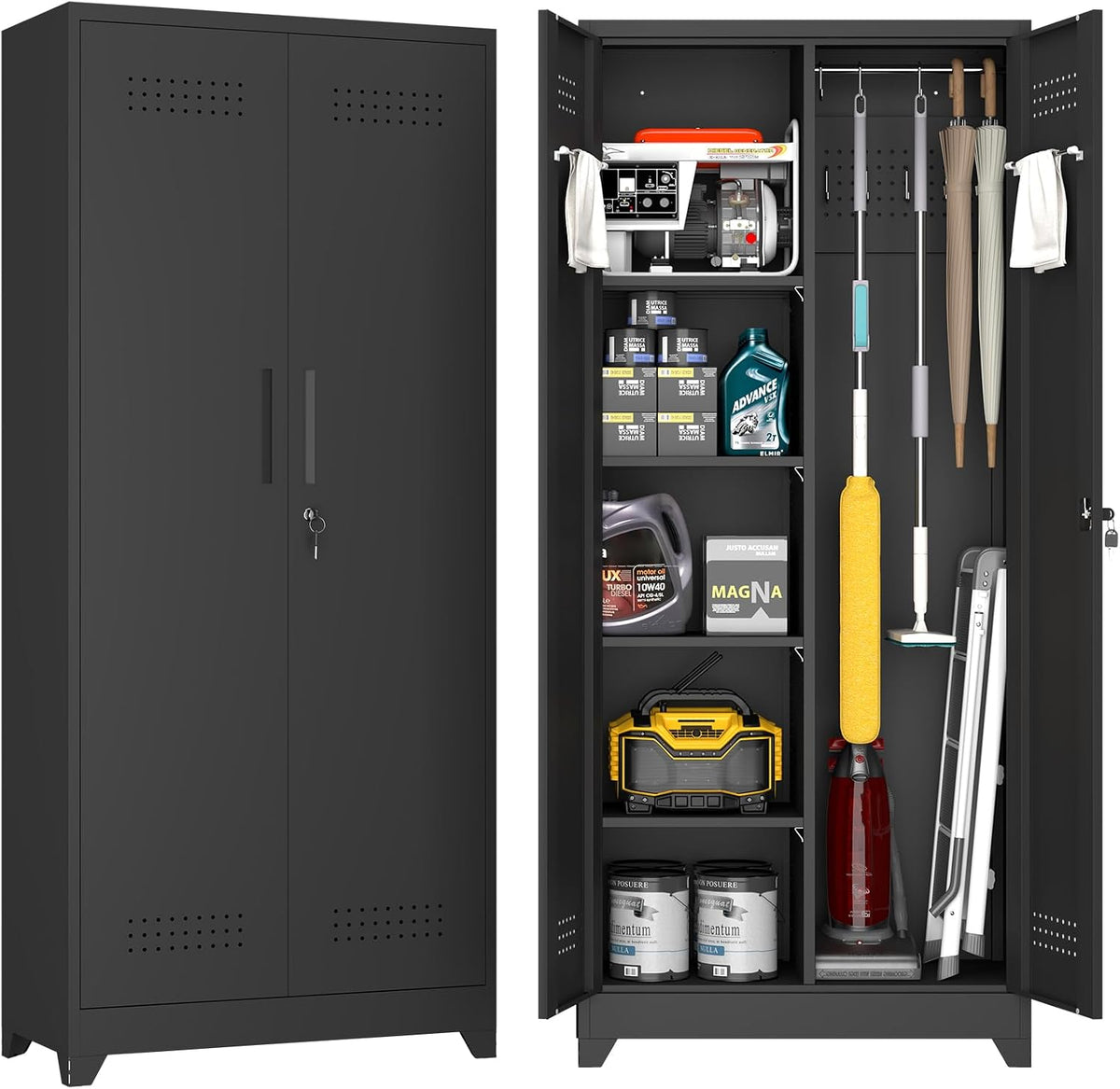 72.8" H Metal Broom Closet Storage Cabinet, Garage Storage Cabinet with Pegboard & Hanging Rod Hooks, Tall Storage Cabinet for Garage, Laundry Room, Black