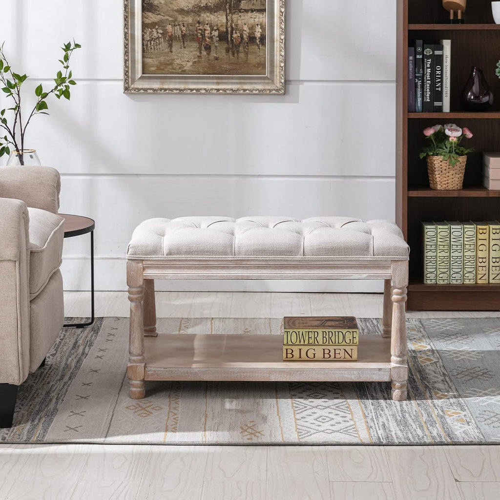 farmhouse storage bench wooden entryway linen upholstered ottoman, side view