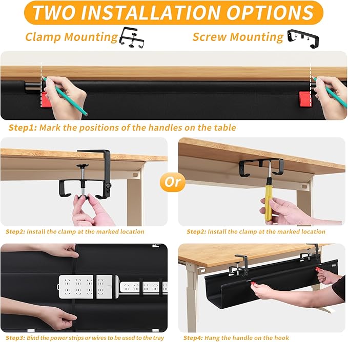 SUREUP9 No Drill Under Desk Cable Management Tray, Fabric Cable Management