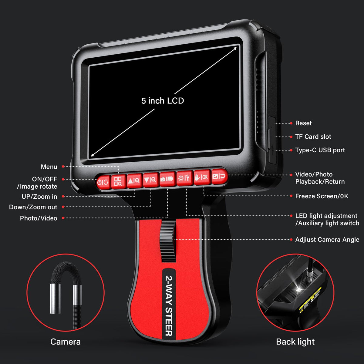 Articulating Borescope Inspection Camera with Light: 1080P HD Industrial Endoscope Camera with 5" IPS Screen - 0.24in Slim IP67 Waterproof Lens - 210° Flexible Probe Two-Way Articulating Borescope