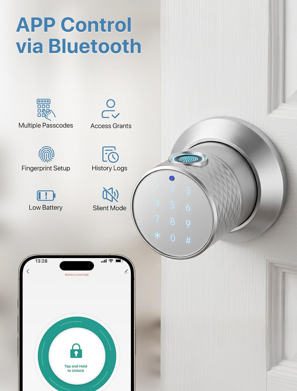 smart fingerprint door lock with app,keypad door knob, close-up detail